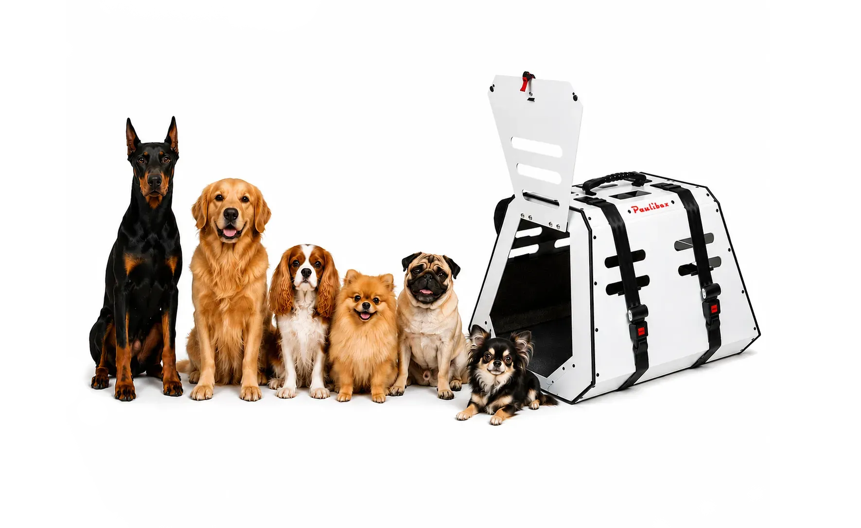 Sechs Hunde verschiedener Größen vom Dobermann bis Chihuahua neben der geöffneten Paulibox Hundetransportbox mit ISOFIX